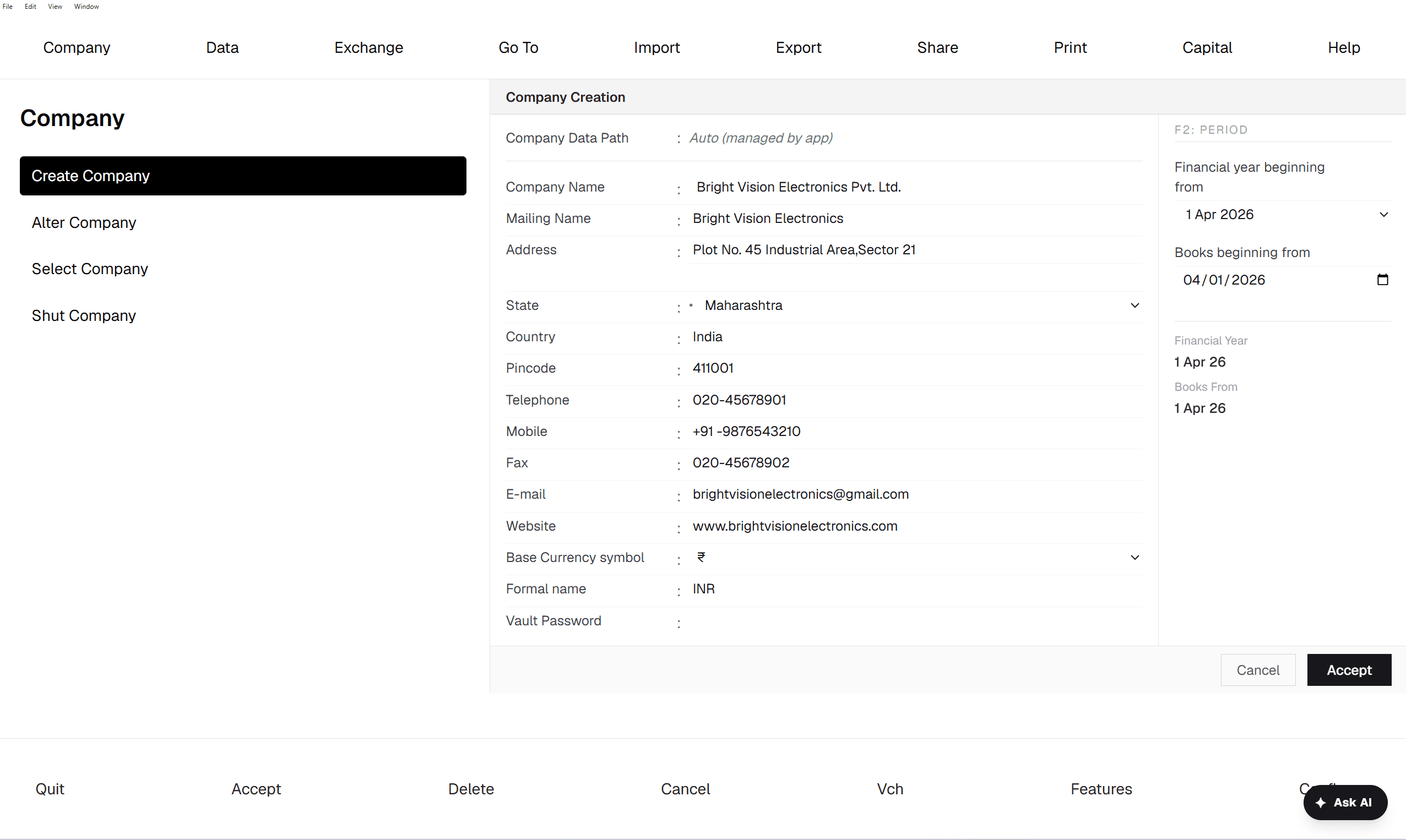 Screenshot: Company Creation screen — full form with F2: Period panel on the right