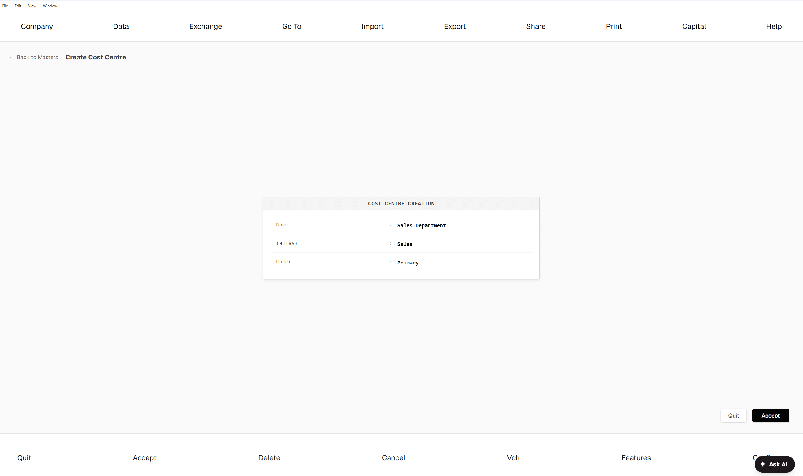 Cost Centre Creation — "Sales Department" (alias Sales) created under Primary.