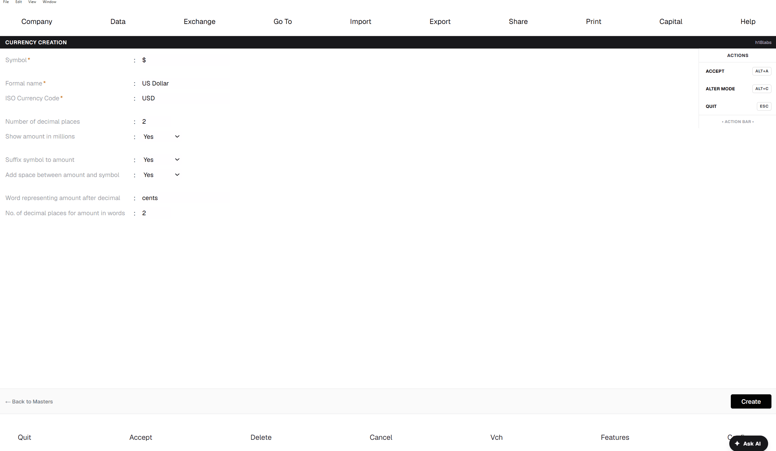 Currency Creation — US Dollar (USD) with symbol, decimal places, and amount-in-words settings.