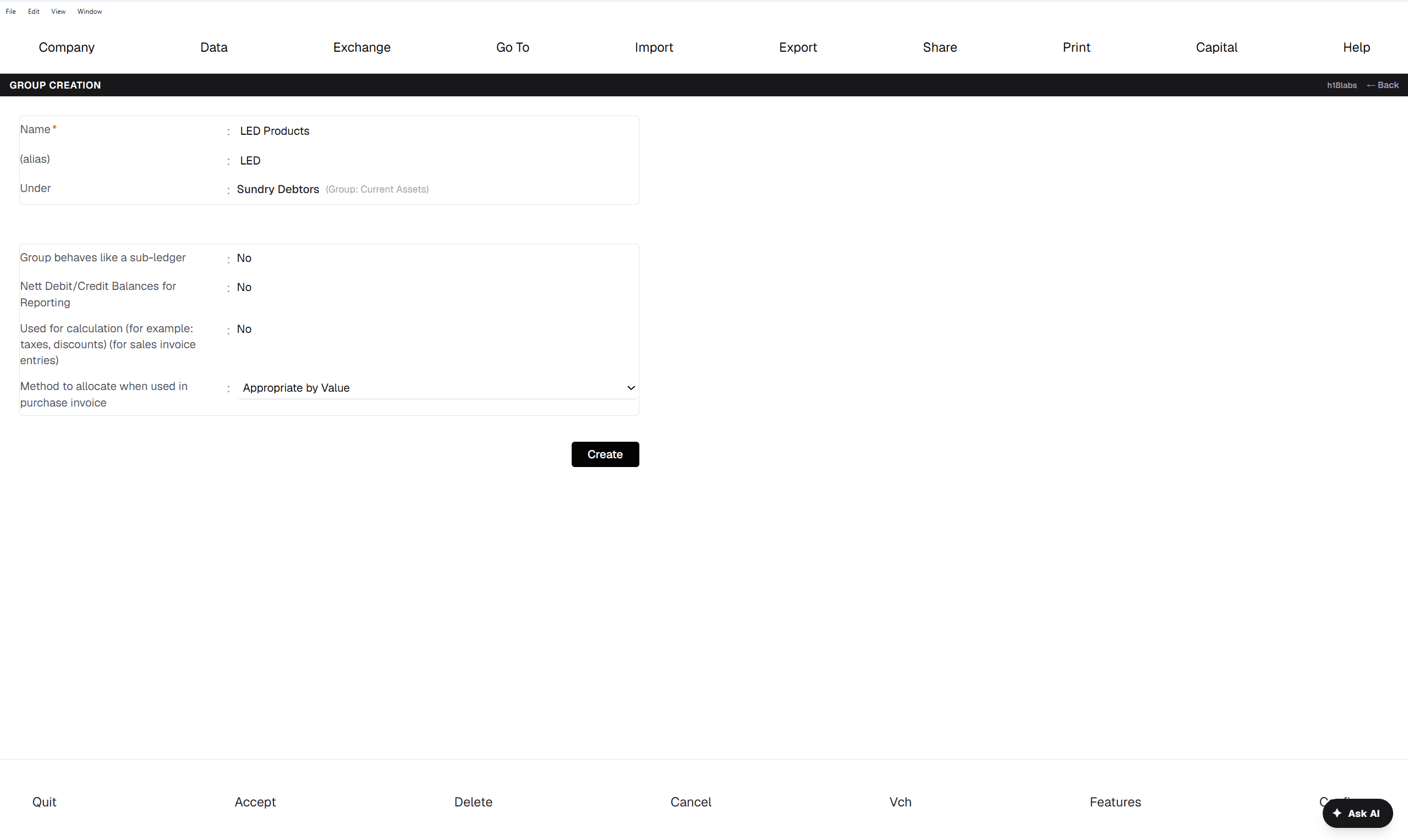 Group Creation — "LED Products" (alias LED) placed under Sundry Debtors, with sub-ledger and calculation options.