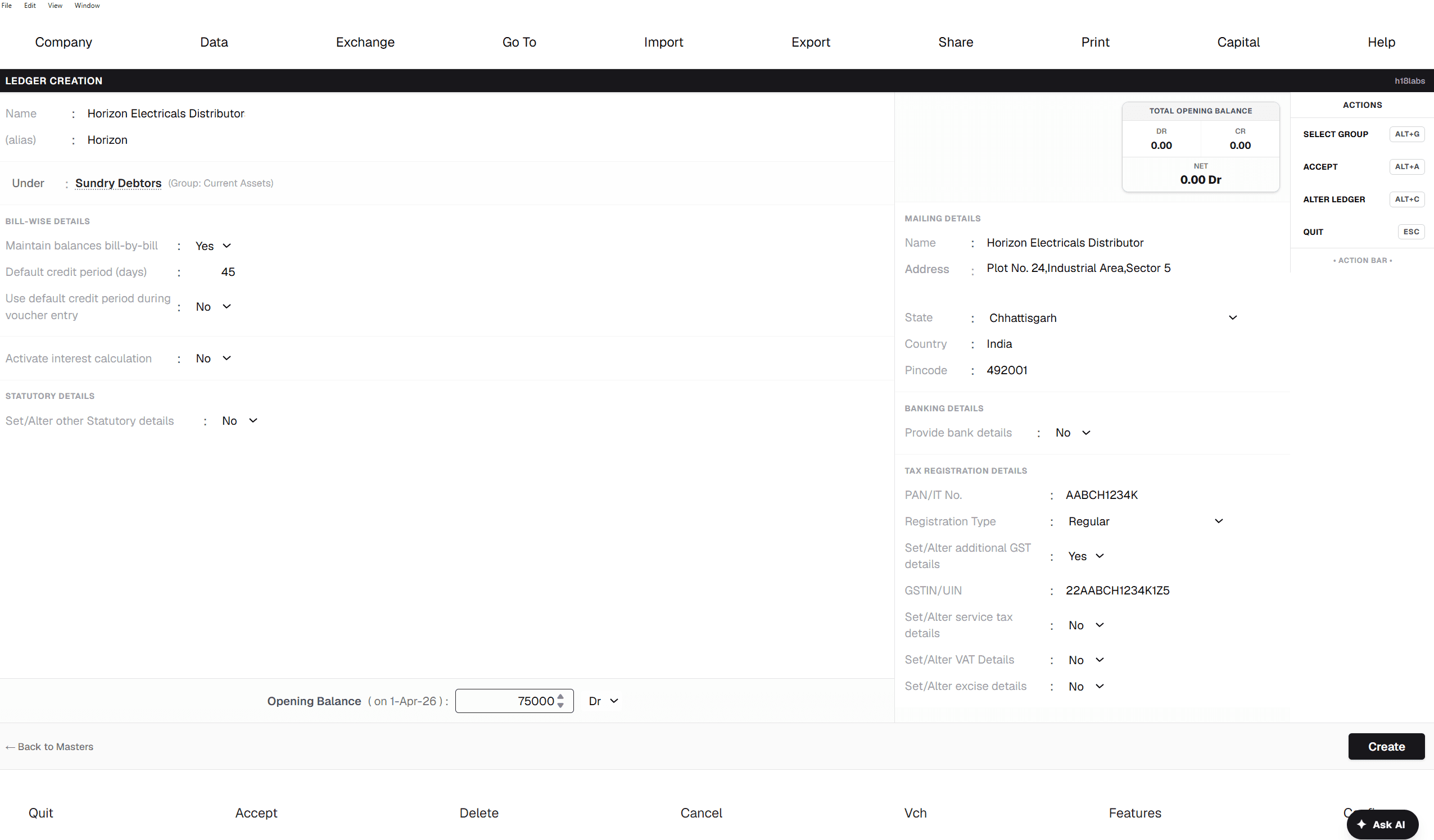 Ledger Creation — "Horizon Electricals Distributor" (alias Horizon) under Sundry Debtors, with Bill-wise, Statutory, and Tax Registration details and a 75,000 Dr opening balance.
