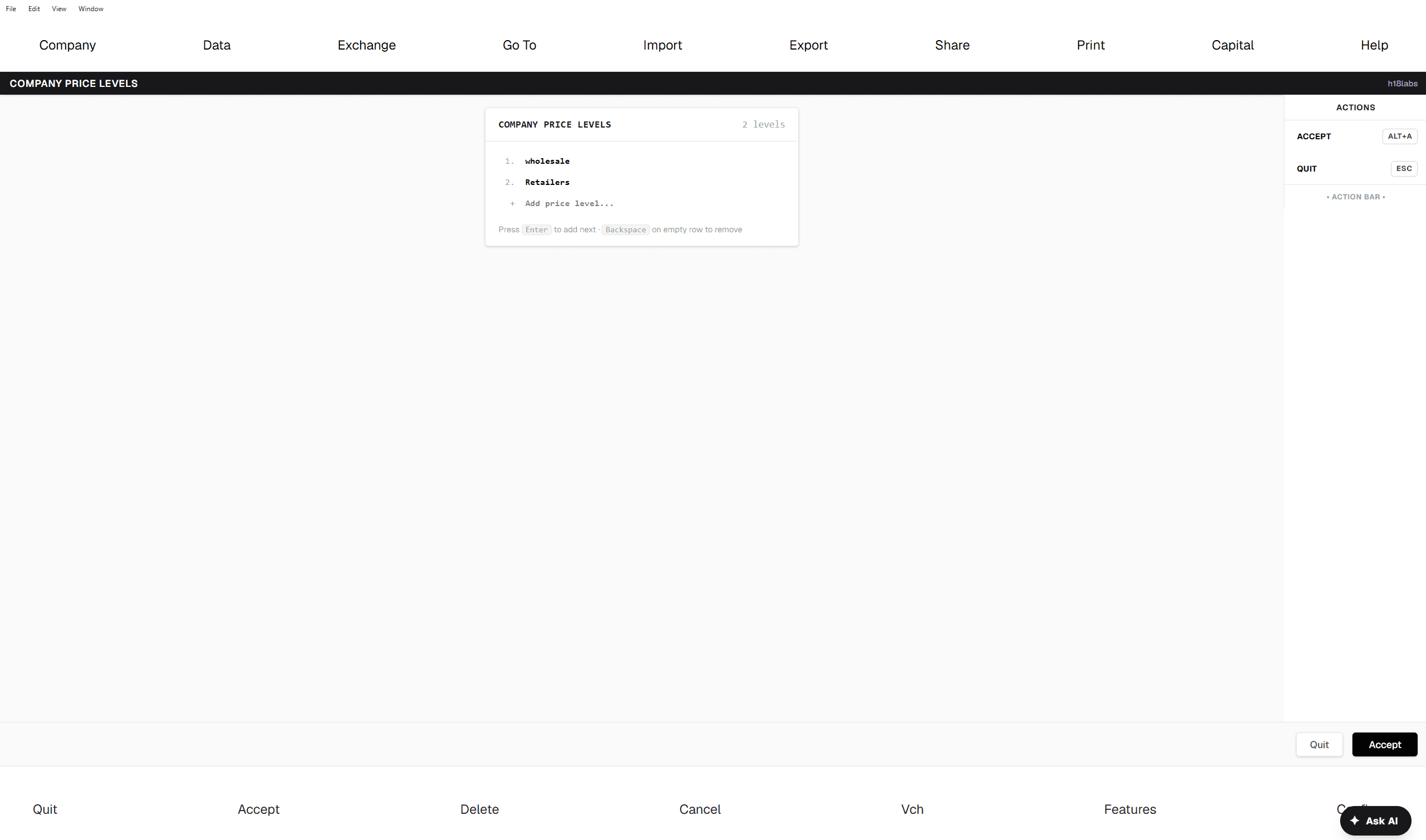 Company Price Levels — two pricing tiers (Wholesale, Retailers); Enter adds the next, Backspace removes an empty row.