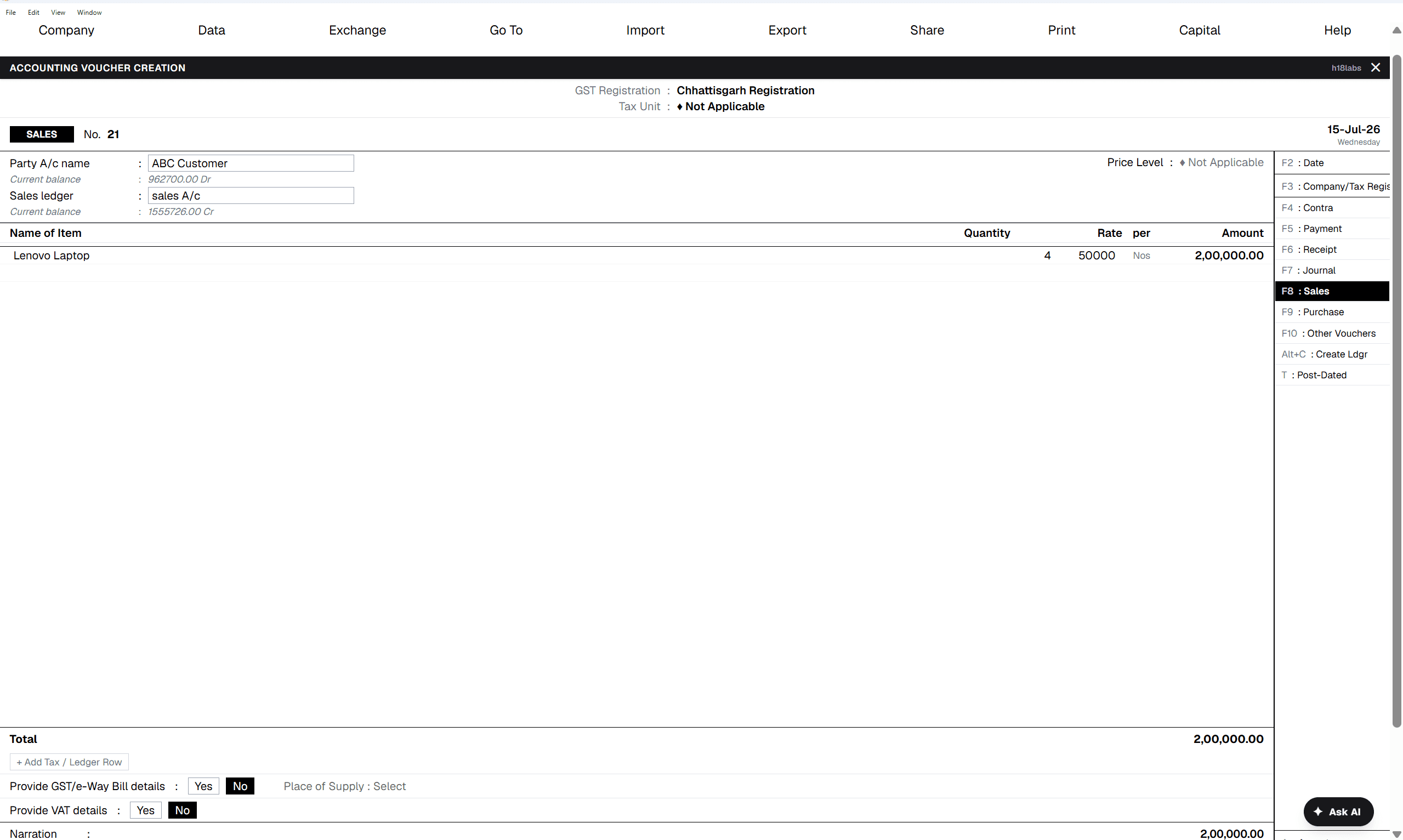 Sales voucher — ABC Customer billed for 4 × Lenovo Laptop @ ₹50,000 (₹2,00,000 total), with the item table and GST/e-Way Bill options.