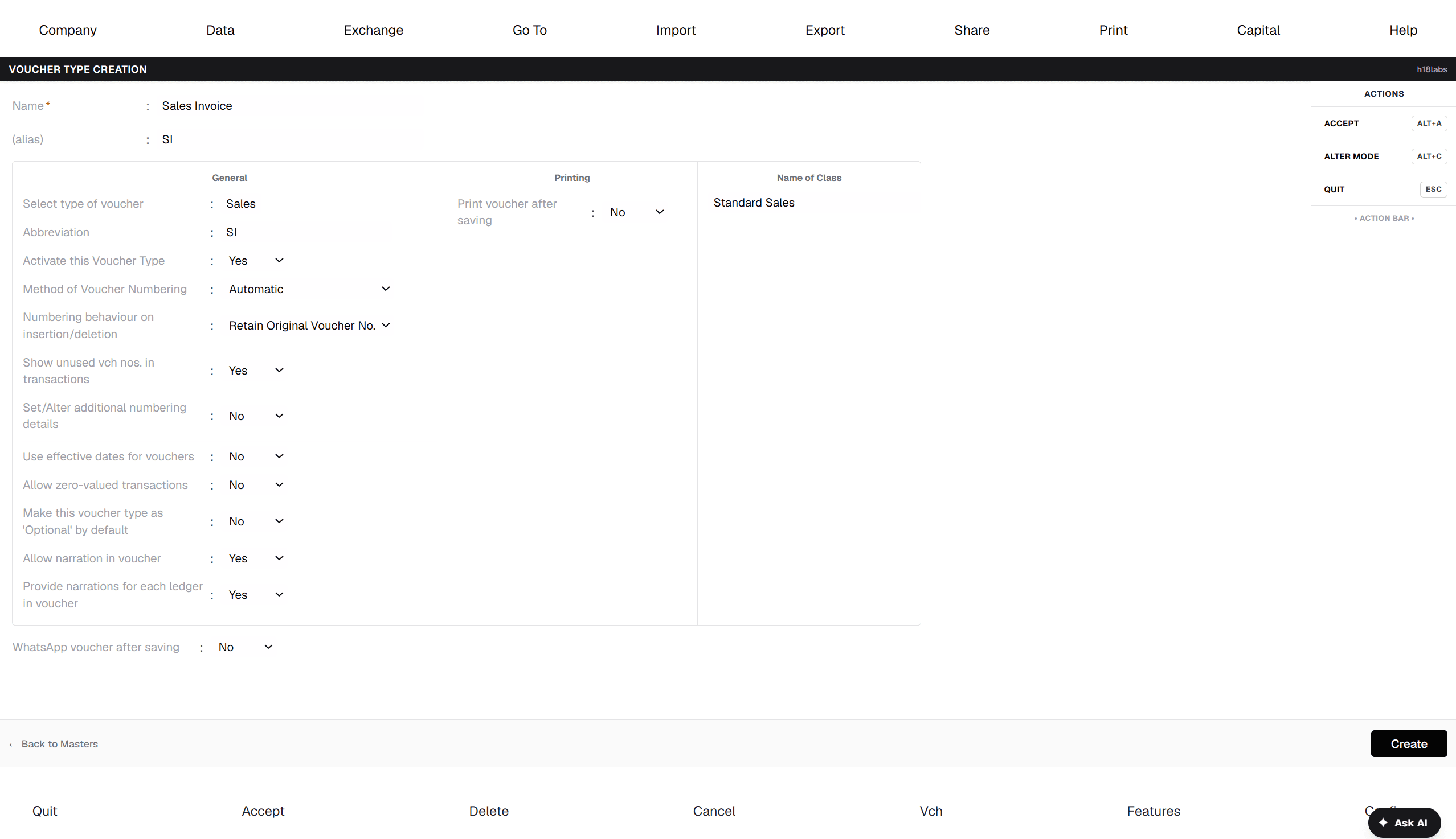 Voucher Type Creation — "Sales Invoice" (alias SI) of type Sales, with Automatic numbering and a Voucher Class "Standard Sales".